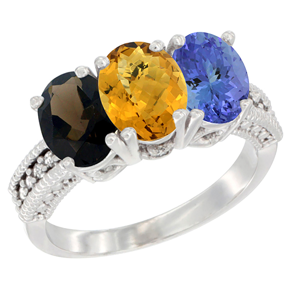 14K White Gold Natural Smoky Topaz, Whisky Quartz & Tanzanite Ring 3-Stone 7x5 mm Oval Diamond Accent, sizes 5 - 10