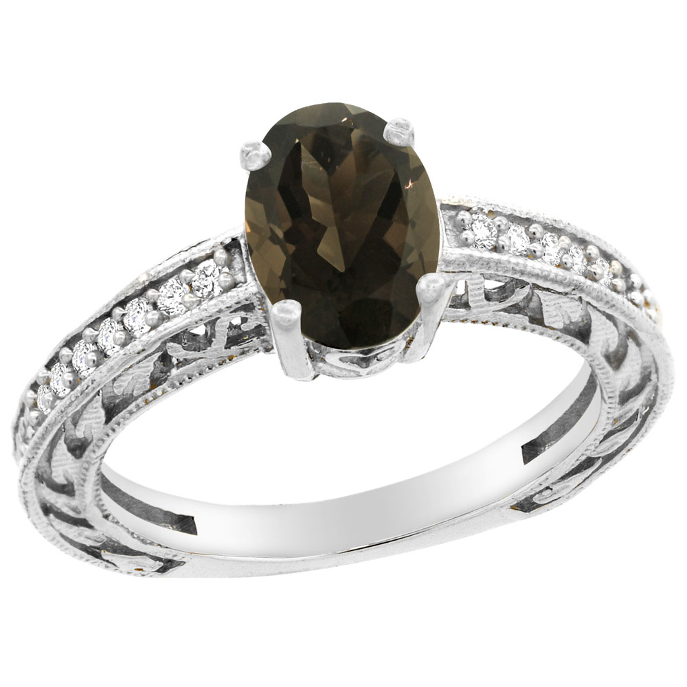 14K Gold Natural Smoky Topaz Ring Oval 8x6 mm Diamond Accents, sizes 5 - 10