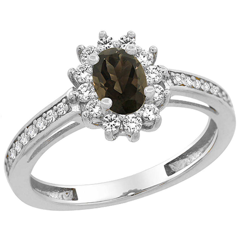 14K White Gold Natural Smoky Topaz Flower Halo Ring Oval 6x4mm Diamond Accents, sizes 5 - 10