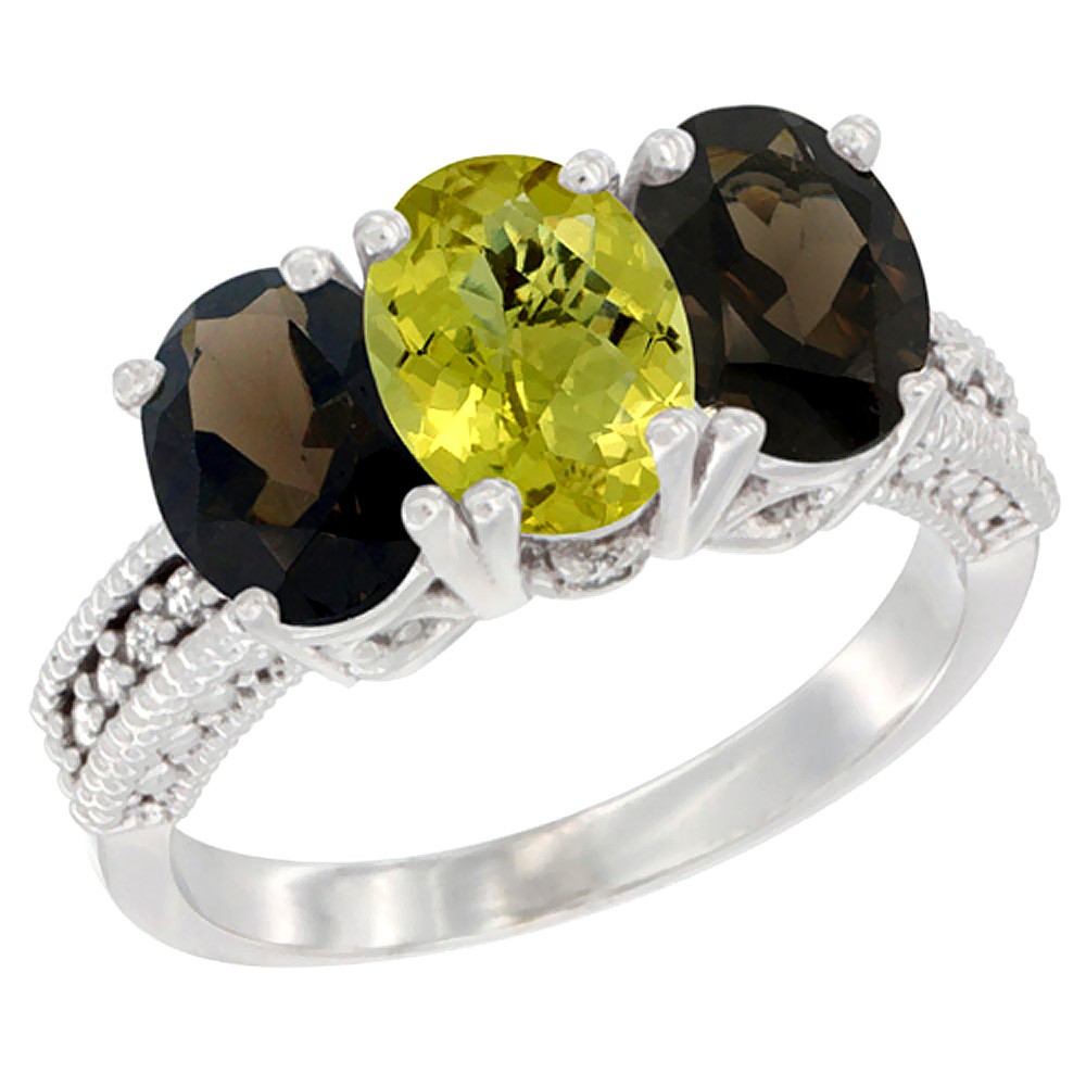 10K White Gold Natural Lemon Quartz &amp; Smoky Topaz Sides Ring 3-Stone Oval 7x5 mm Diamond Accent, sizes 5 - 10