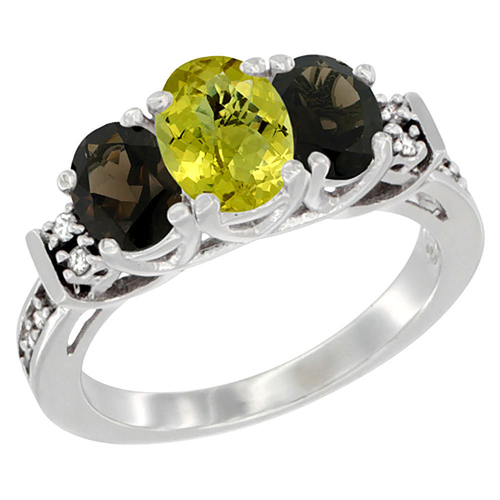 10K White Gold Natural Lemon Quartz &amp; Smoky Topaz Ring 3-Stone Oval Diamond Accent, sizes 5-10