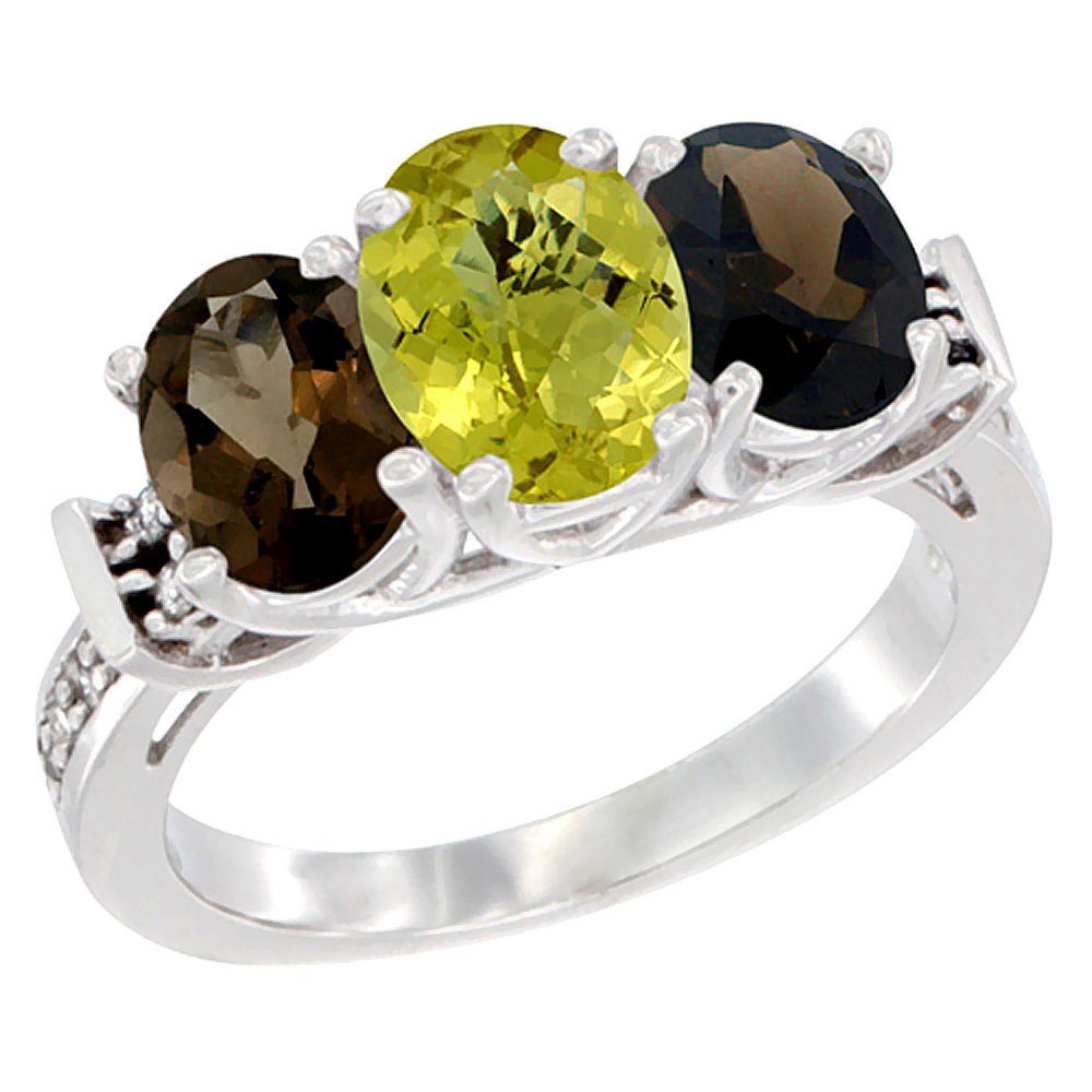 10K White Gold Natural Lemon Quartz & Smoky Topaz Sides Ring 3-Stone Oval Diamond Accent, sizes 5 - 10