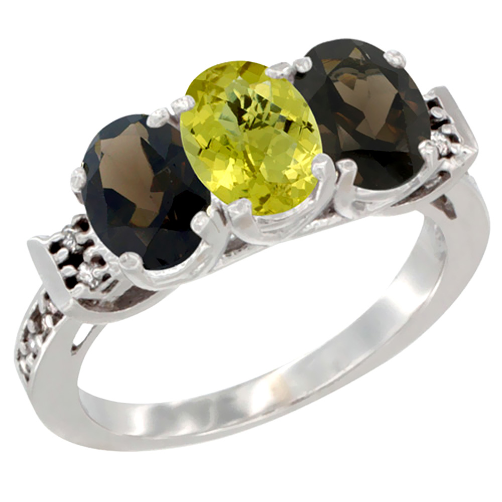 10K White Gold Natural Lemon Quartz & Smoky Topaz Sides Ring 3-Stone Oval 7x5 mm Diamond Accent, sizes 5 - 10