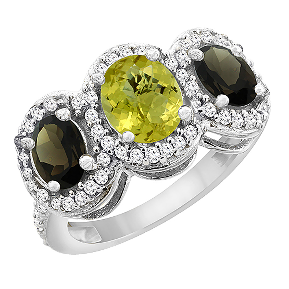 14K White Gold Natural Lemon Quartz &amp; Smoky Topaz 3-Stone Ring Oval Diamond Accent, sizes 5 - 10