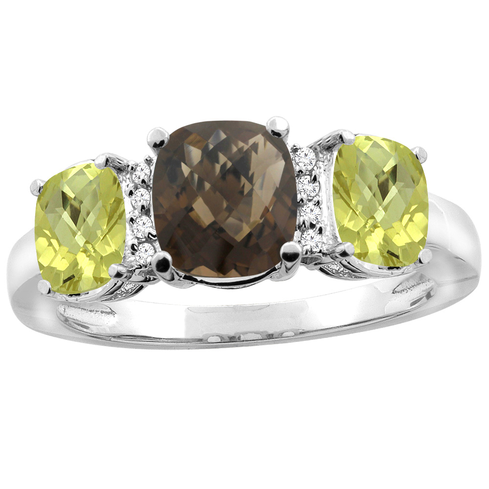 14K White Gold Natural Smoky Topaz & Lemon Quartz 3-stone Ring Cushion 8x6mm Diamond Accent, sizes 5 - 10