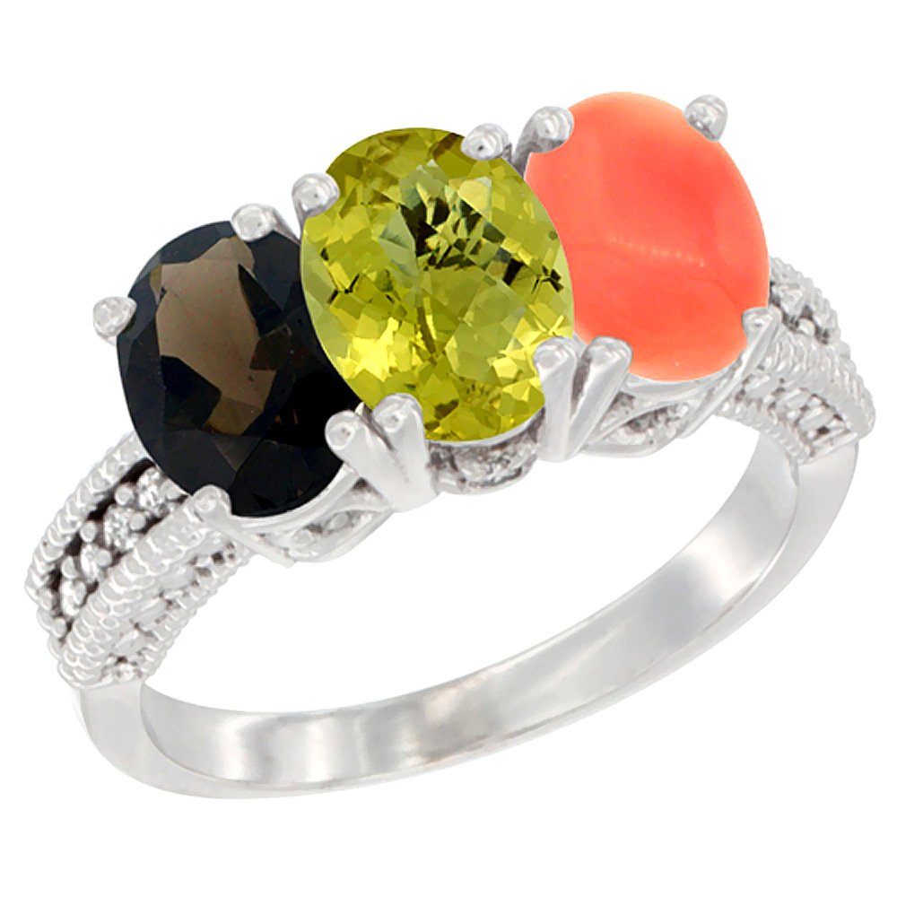 14K White Gold Natural Smoky Topaz, Lemon Quartz & Coral Ring 3-Stone 7x5 mm Oval Diamond Accent, sizes 5 - 10