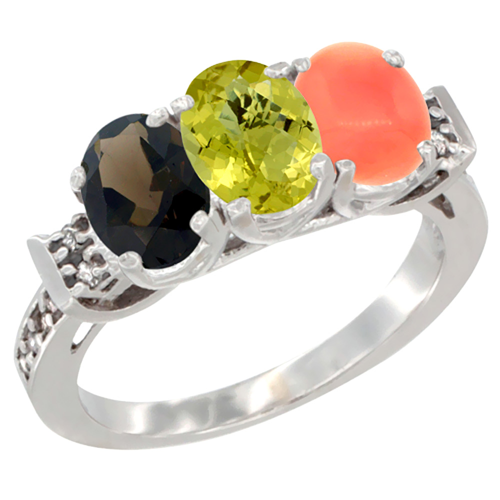 14K White Gold Natural Smoky Topaz, Lemon Quartz &amp; Coral Ring 3-Stone Oval 7x5 mm Diamond Accent, sizes 5 - 10