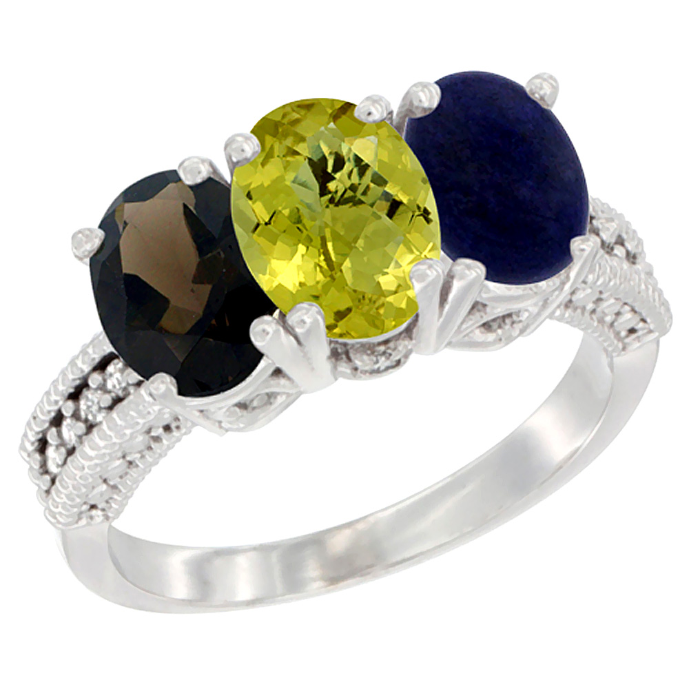 14K White Gold Natural Smoky Topaz, Lemon Quartz &amp; Lapis Ring 3-Stone 7x5 mm Oval Diamond Accent, sizes 5 - 10