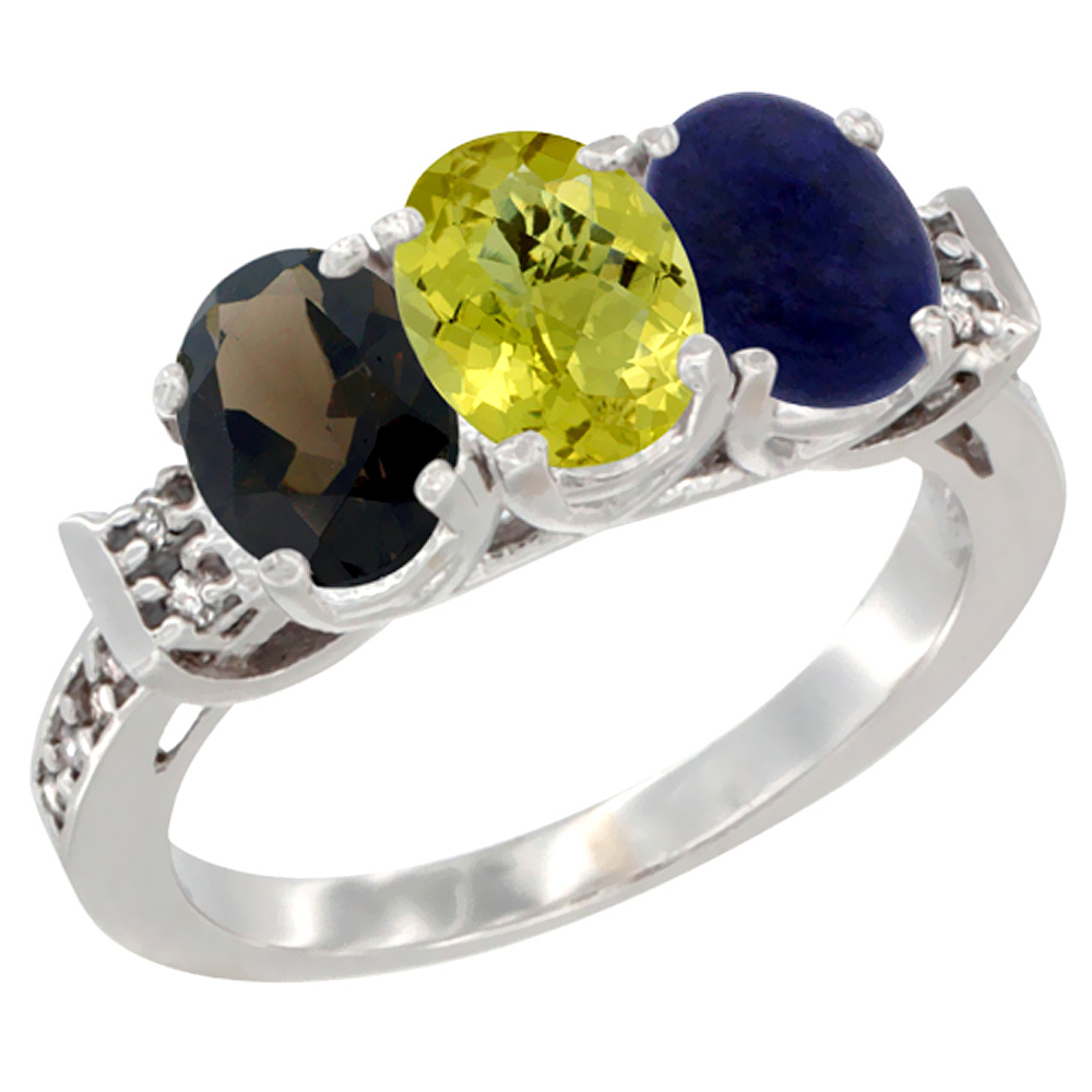 14K White Gold Natural Smoky Topaz, Lemon Quartz &amp; Lapis Ring 3-Stone Oval 7x5 mm Diamond Accent, sizes 5 - 10