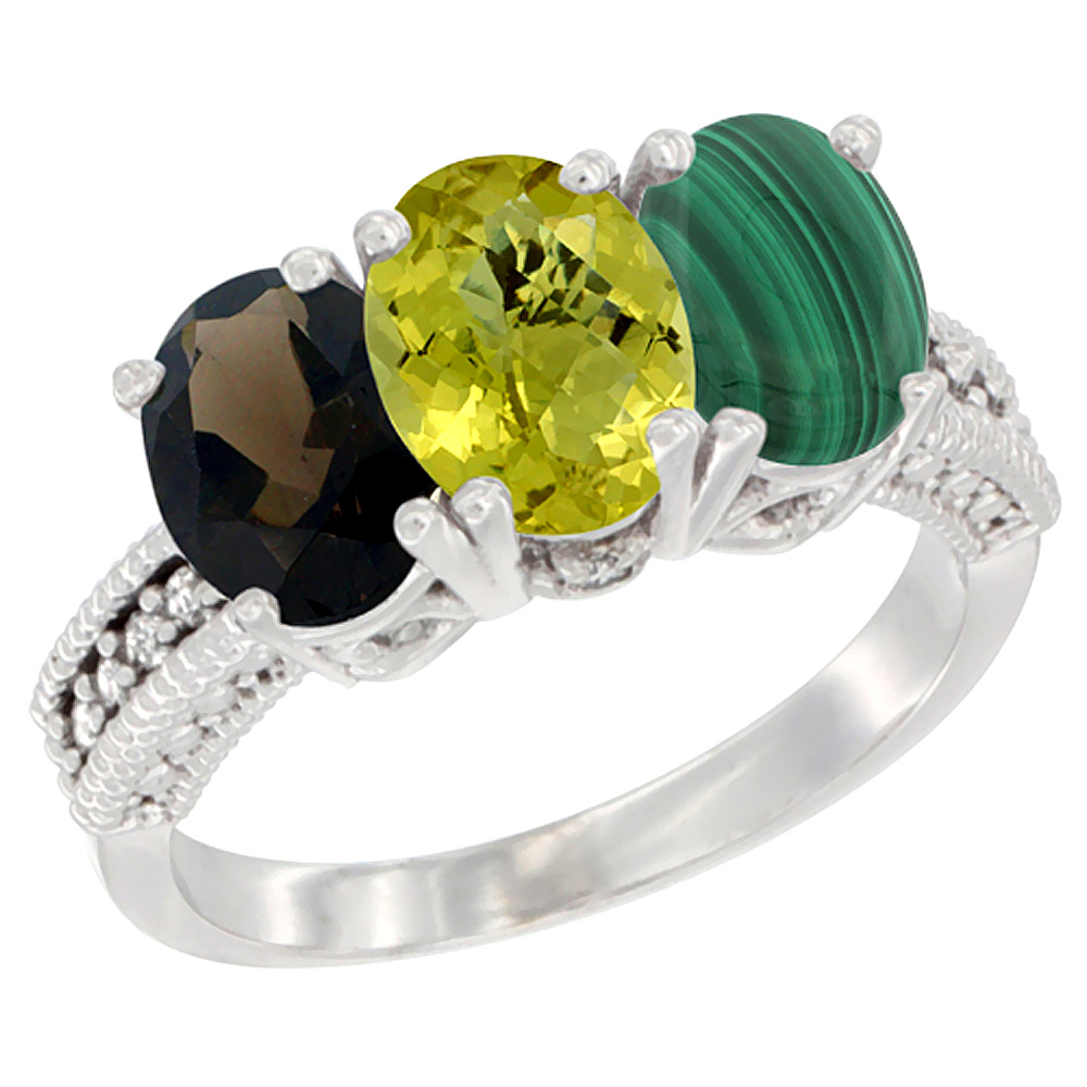 14K White Gold Natural Smoky Topaz, Lemon Quartz & Malachite Ring 3-Stone 7x5 mm Oval Diamond Accent, sizes 5 - 10