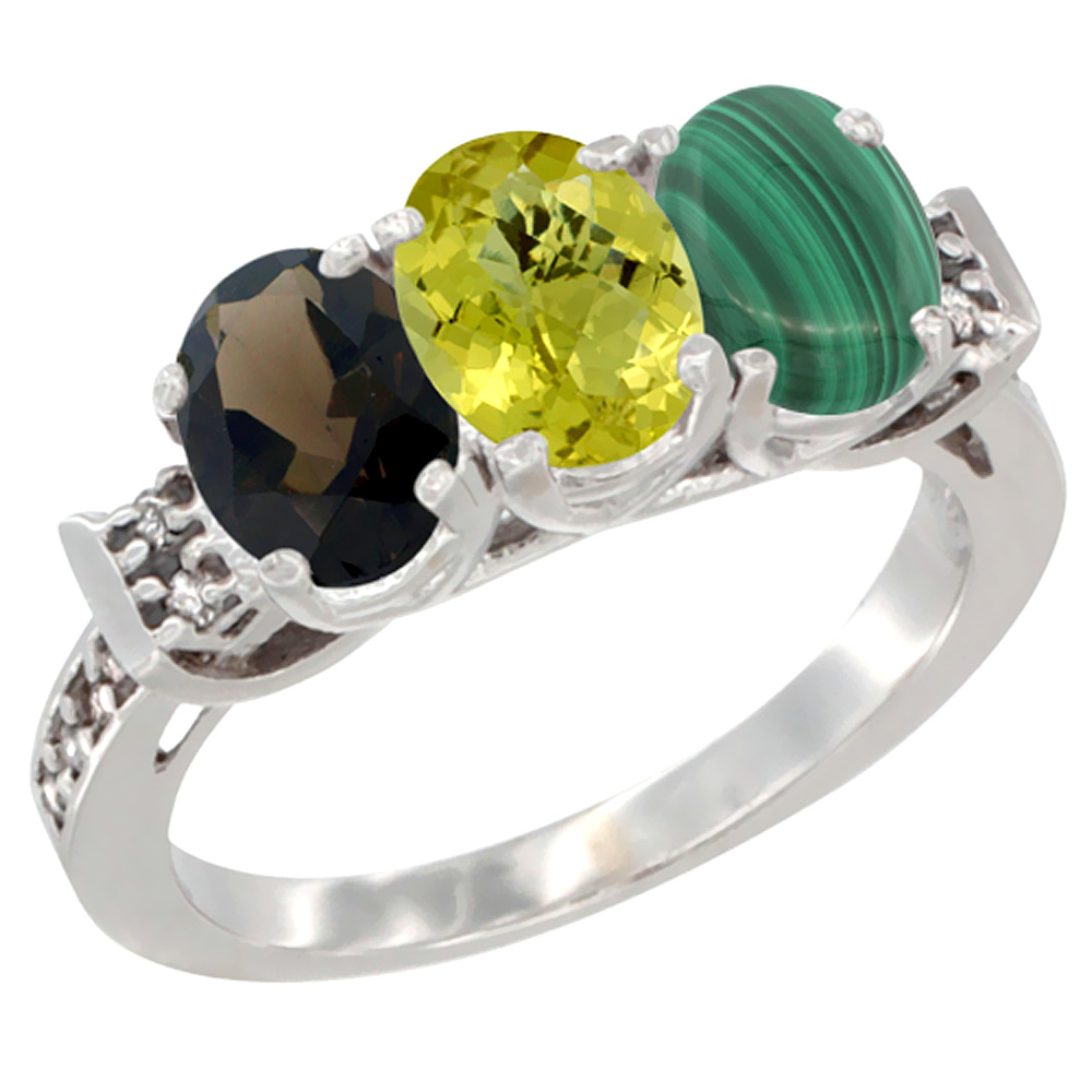 14K White Gold Natural Smoky Topaz, Lemon Quartz & Malachite Ring 3-Stone Oval 7x5 mm Diamond Accent, sizes 5 - 10