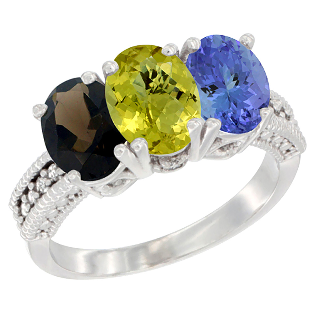 14K White Gold Natural Smoky Topaz, Lemon Quartz & Tanzanite Ring 3-Stone 7x5 mm Oval Diamond Accent, sizes 5 - 10