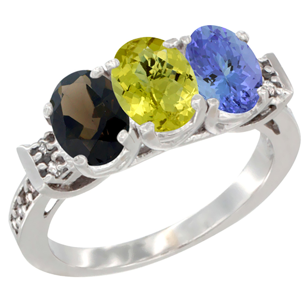 14K White Gold Natural Smoky Topaz, Lemon Quartz &amp; Tanzanite Ring 3-Stone Oval 7x5 mm Diamond Accent, sizes 5 - 10