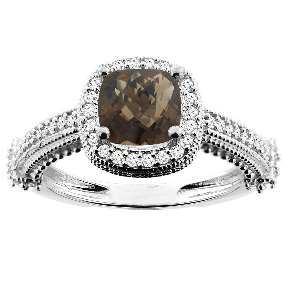 10K White/Yellow/Rose Gold Natural Smoky Topaz Ring Cushion 7x7mm Diamond Accent, sizes 5 - 10