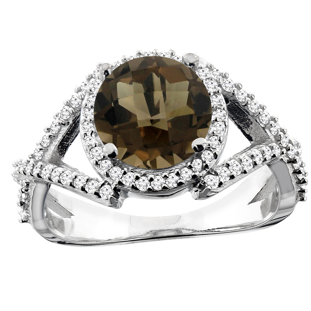 10K White/Yellow/Rose Gold Natural Smoky Topaz Ring Round 8mm Diamond Accent, sizes 5 - 10