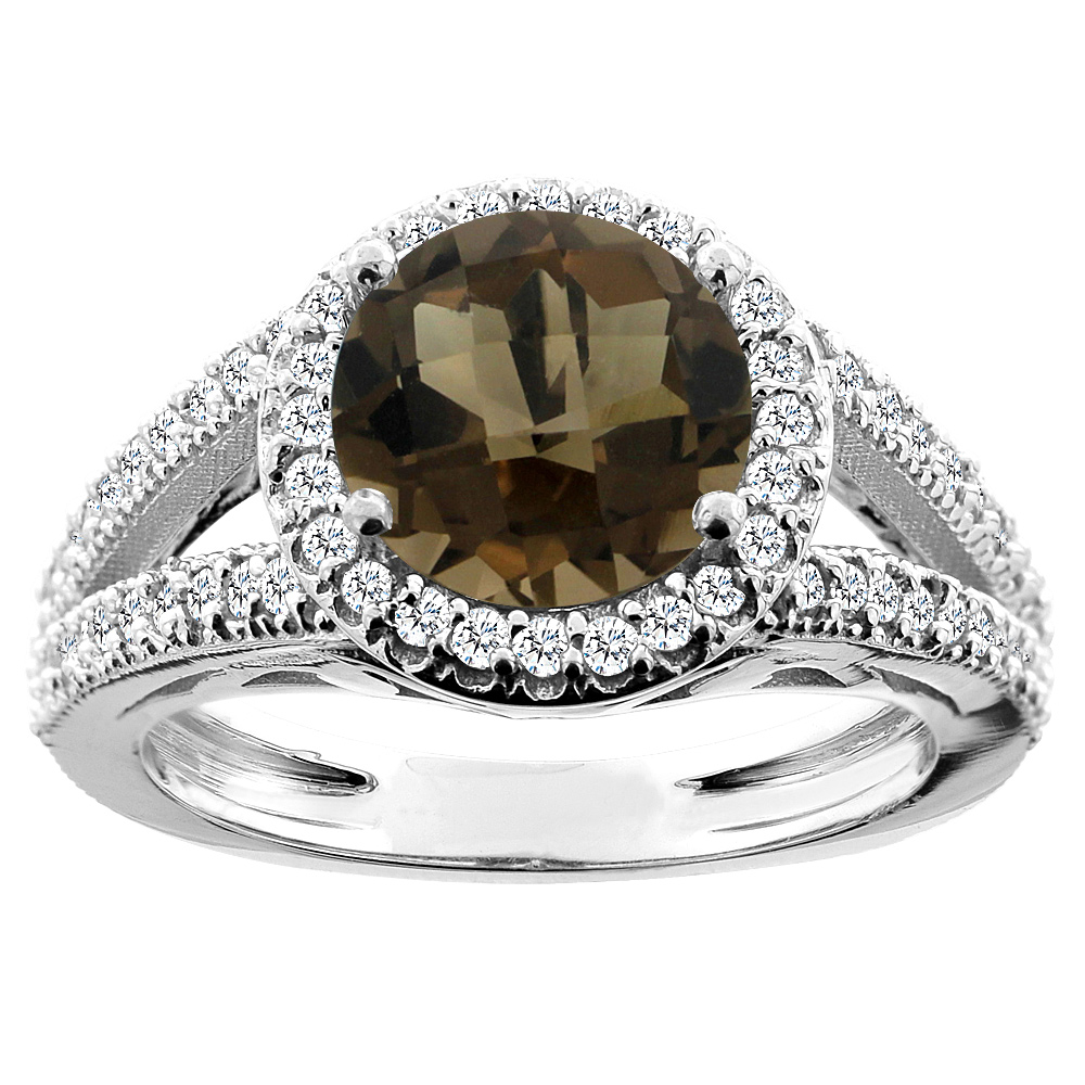 14K White/Yellow/Rose Gold Natural Smoky Topaz Ring Round 8mm Diamond Accent, sizes 5 - 10