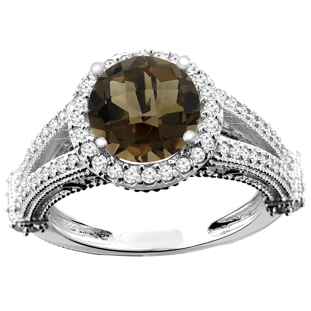 10K White/Yellow/Rose Gold Natural Smoky Topaz Ring Round 8mm Diamond Accent, sizes 5 - 10