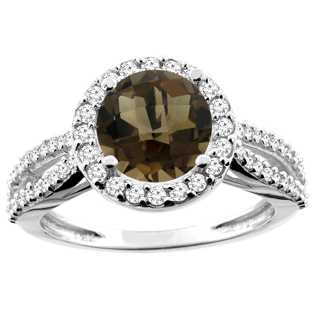 10K White/Yellow/Rose Gold Natural Smoky Topaz Ring Round 8mm Diamond Accent, sizes 5 - 10