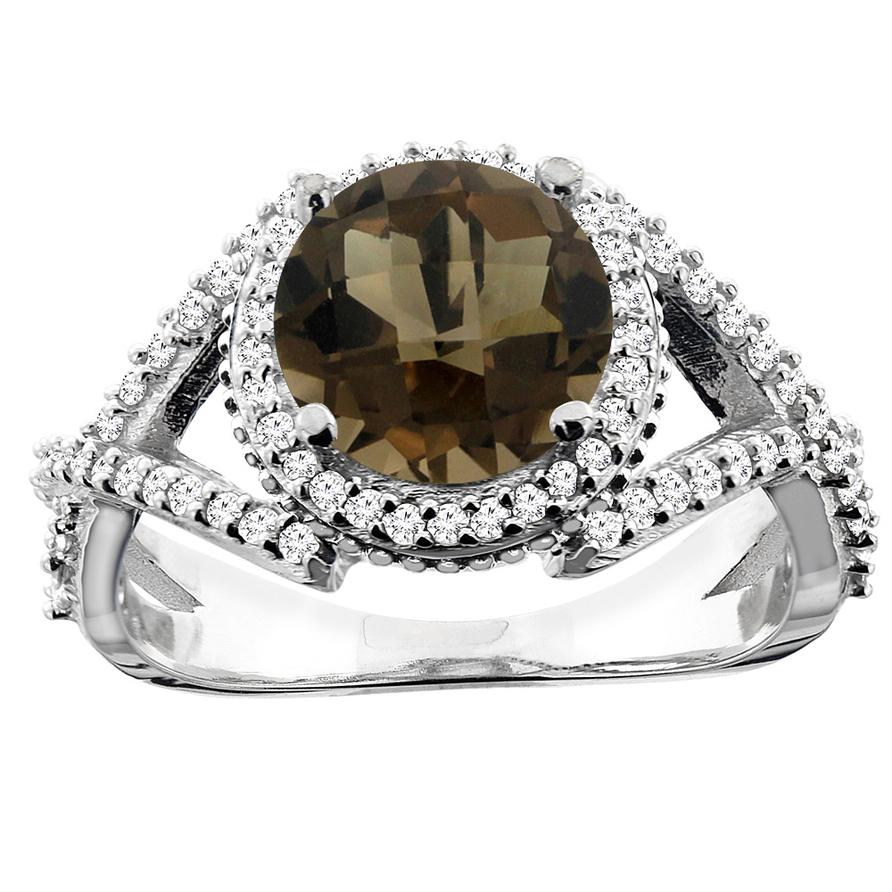 14K White/Yellow/Rose Gold Natural Smoky Topaz Ring Round 8mm Diamond Accent, sizes 5 - 10