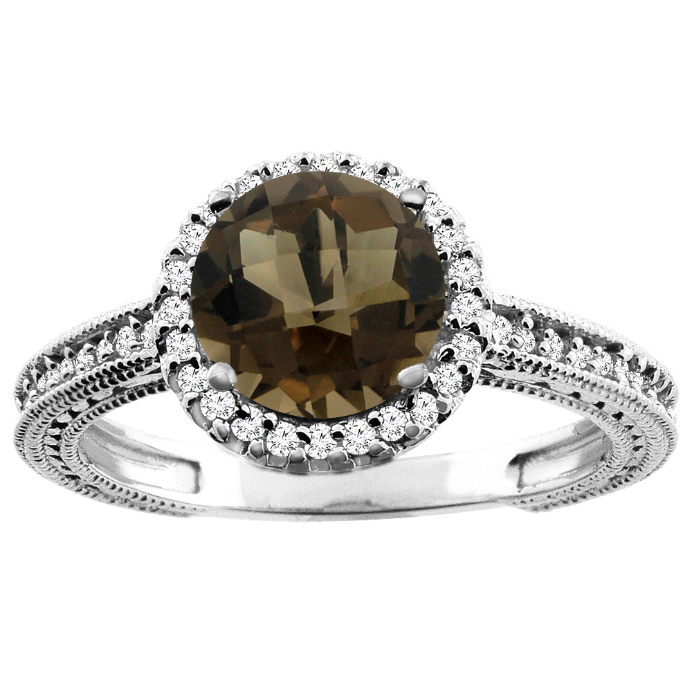 14K White/Yellow/Rose Gold Natural Smoky Topaz Ring Round 7mm Diamond Accent, sizes 5 - 10