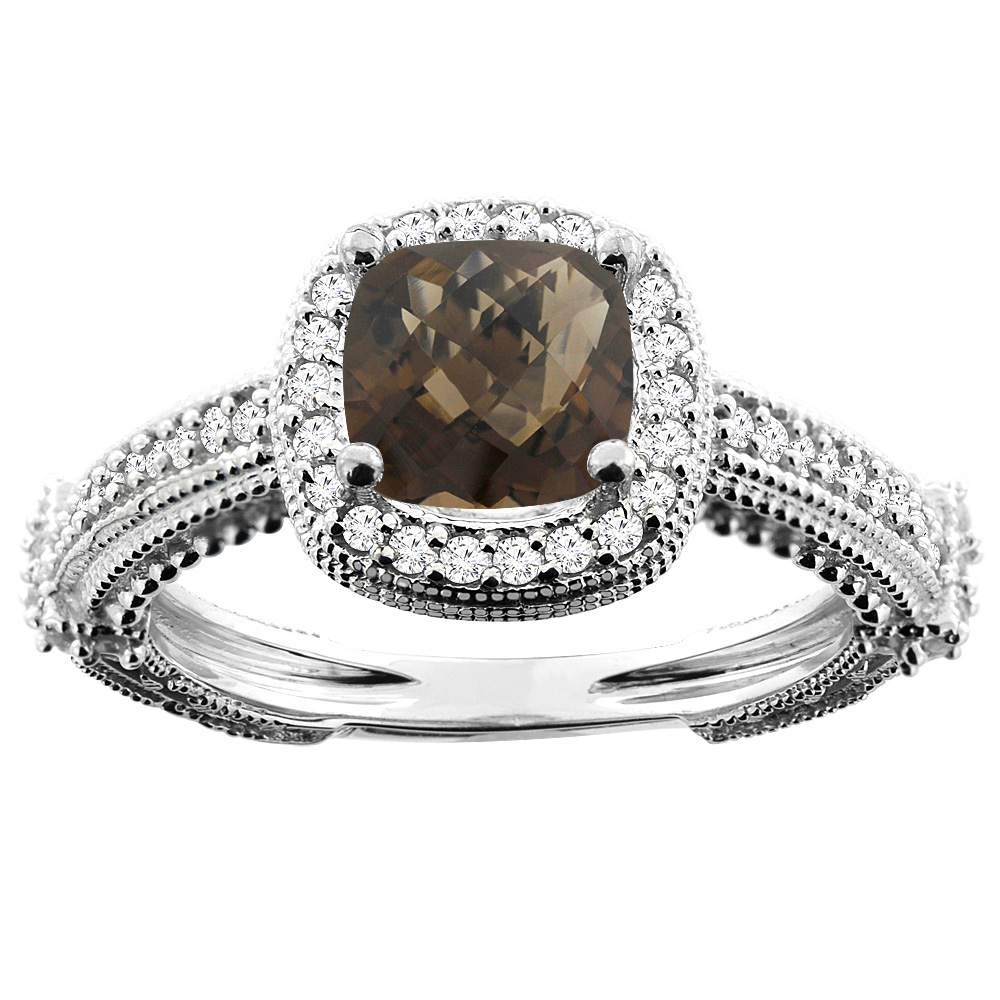 14K White/Yellow/Rose Gold Natural Smoky Topaz Ring Cushion 7x7mm Diamond Accent, sizes 5 - 10