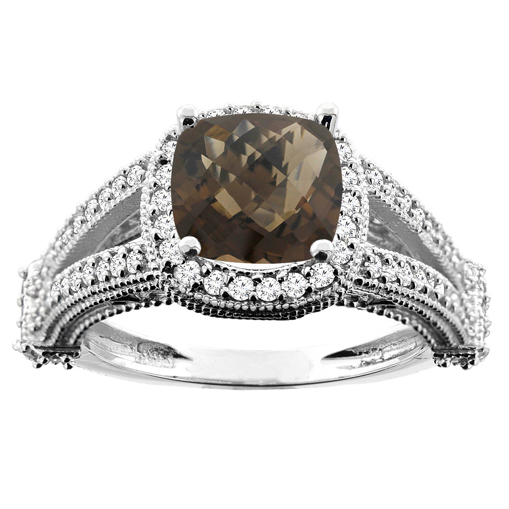 14K White/Yellow/Rose Gold Natural Smoky Topaz Split Shank Ring Cushion 7x7mm Diamond Accent, sizes 5 - 10