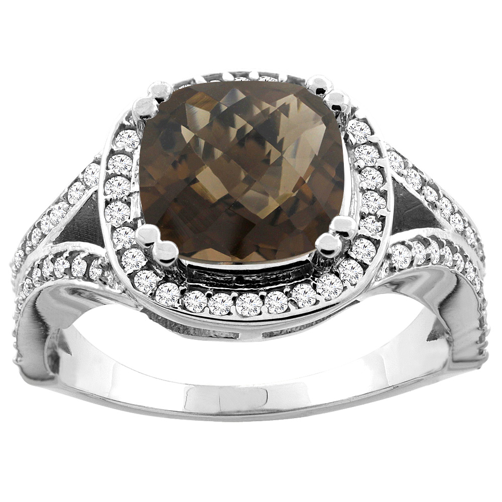 10K White/Yellow Gold Natural Smoky Topaz Split Ring Cushion 8x8mm Diamond Accent, sizes 5 - 10