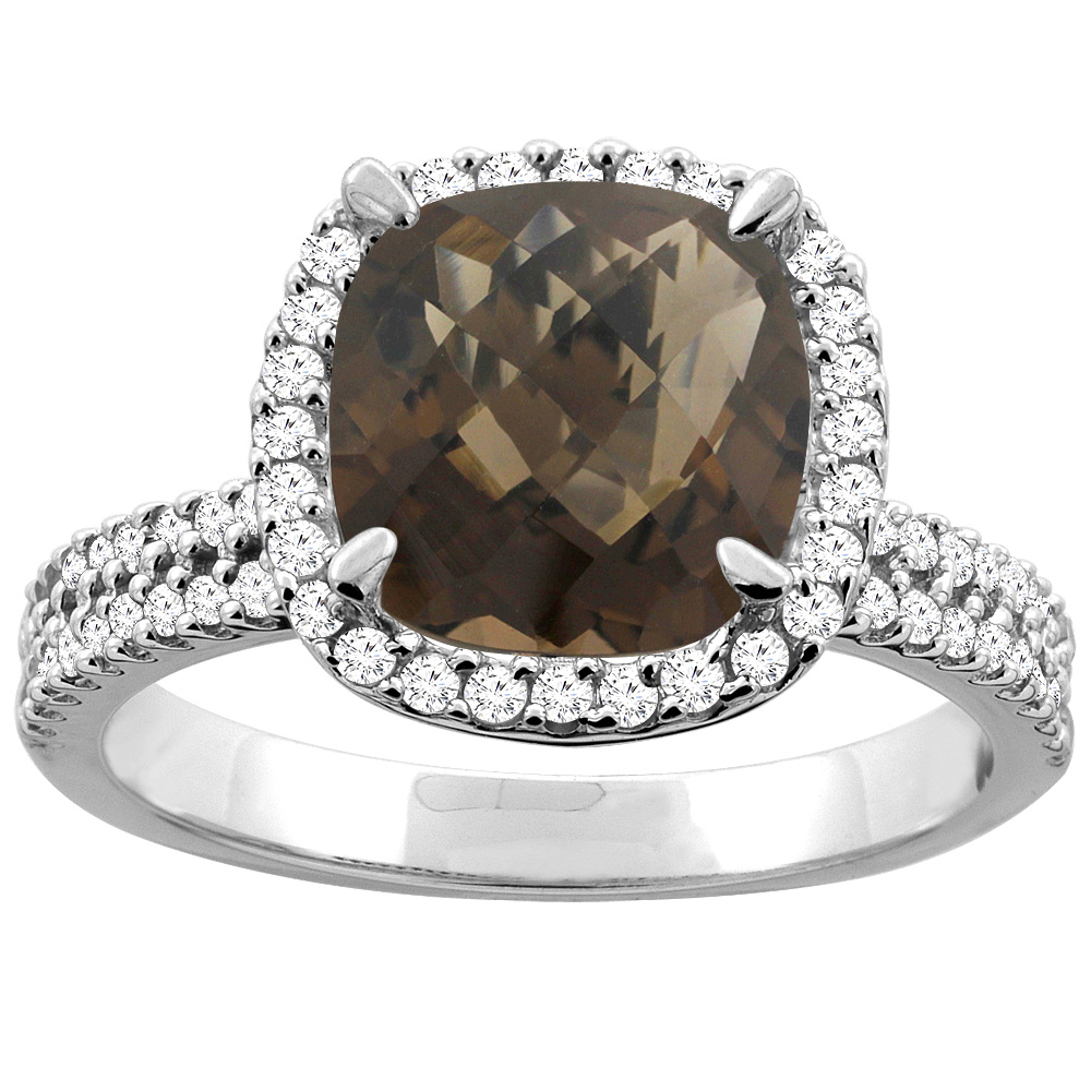 10K White/Yellow Gold Natural Smoky Topaz Halo Ring Cushion 9x9mm Diamond Accent, sizes 5 - 10