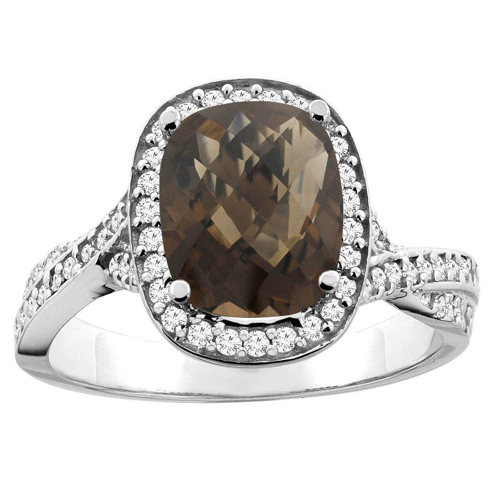 14K White/Yellow Gold Natural Smoky Topaz Halo Ring Cushion 9x7mm Diamond Accent, sizes 5 - 10