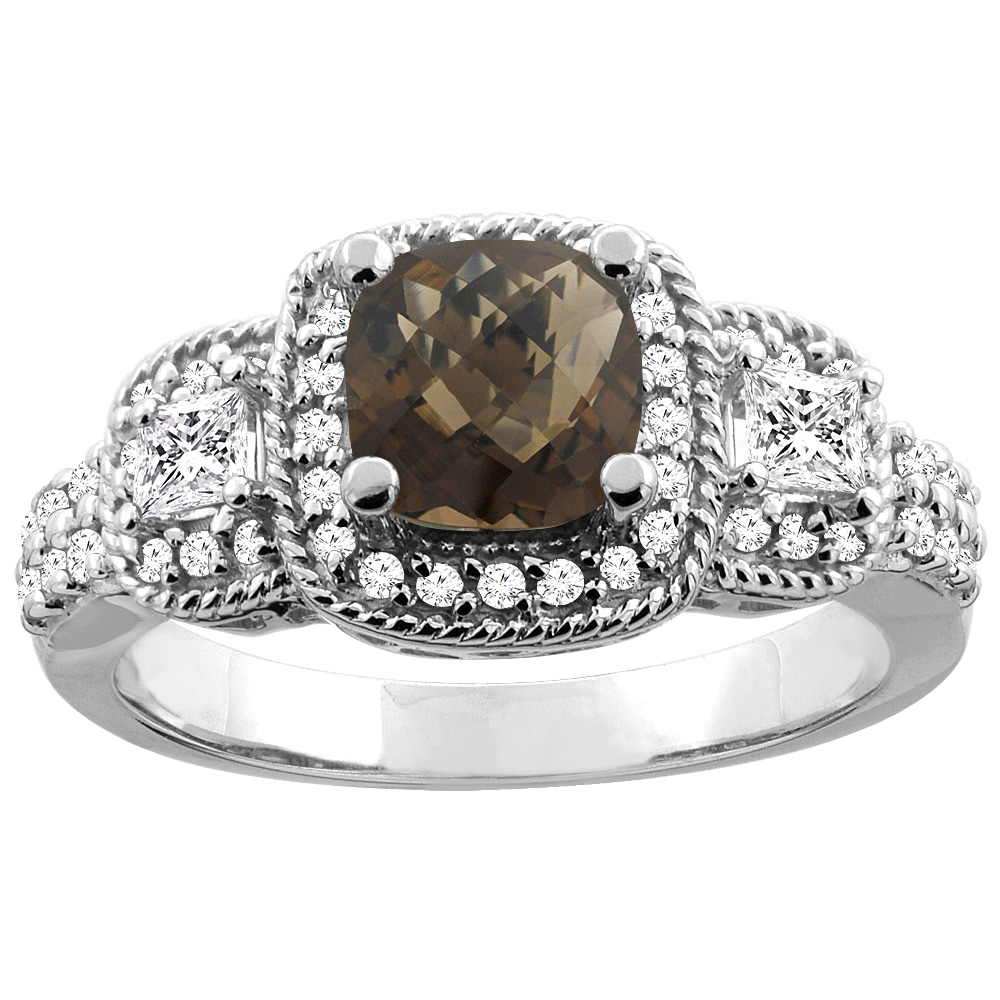 14K White/Yellow Gold Natural Smoky Topaz Ring Cushion-cut 6x6 mm Diamond Accent, sizes 5 - 10