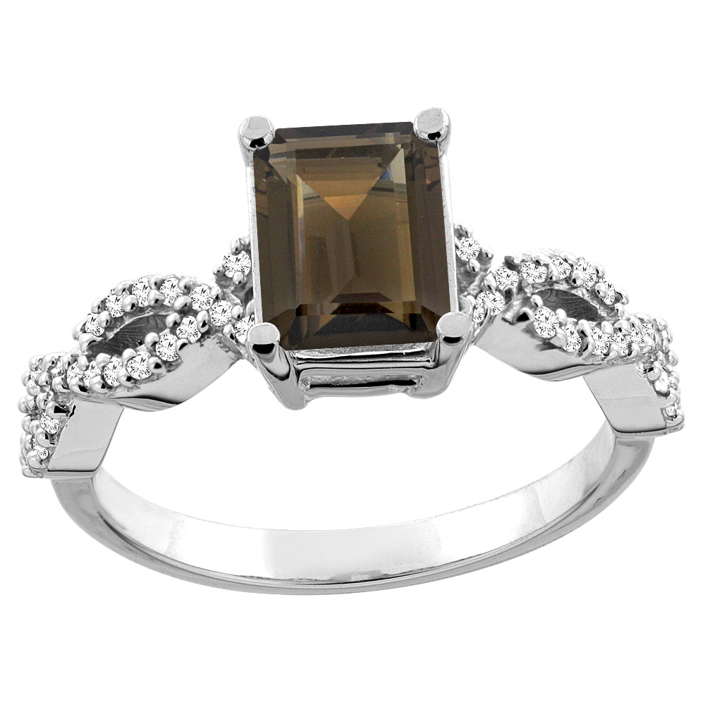 14K White/Yellow Gold/Yellow Gold Natural Smoky Topaz Ring Octagon 8x6mm Diamond Accent, sizes 5 - 10