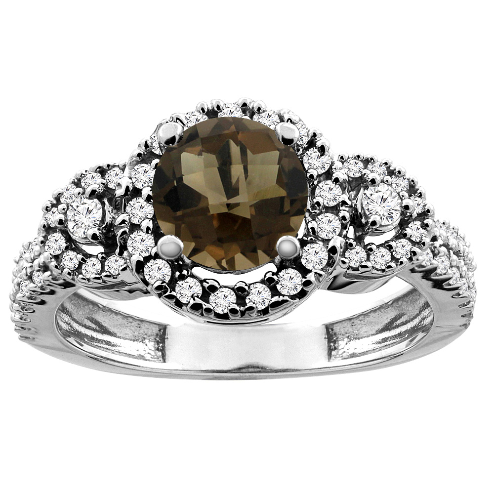 14K White/Yellow Gold Diamond Halo Natural Smoky Topaz Ring Round 6mm, sizes 5 - 10