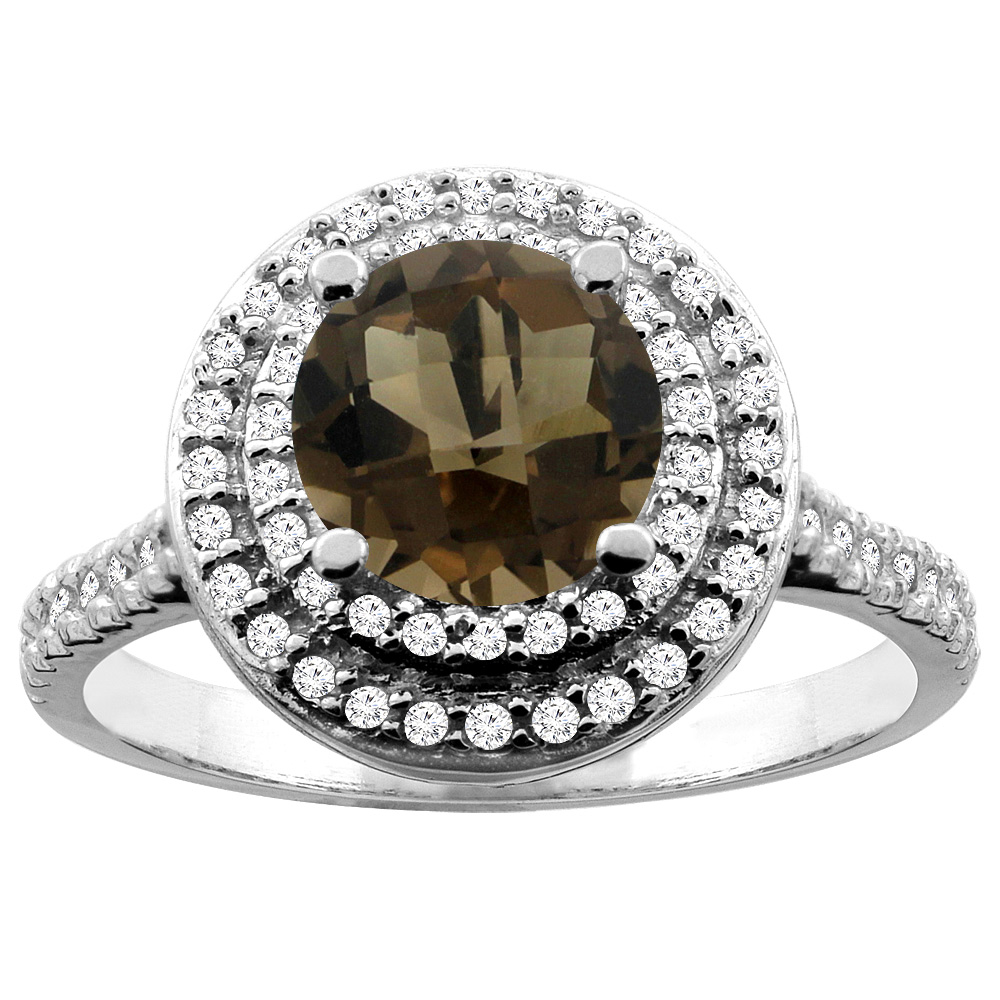 10K White/Yellow Gold Natural Smoky Topaz Double Halo Ring Round 7mm Diamond Accent, sizes 5 - 10