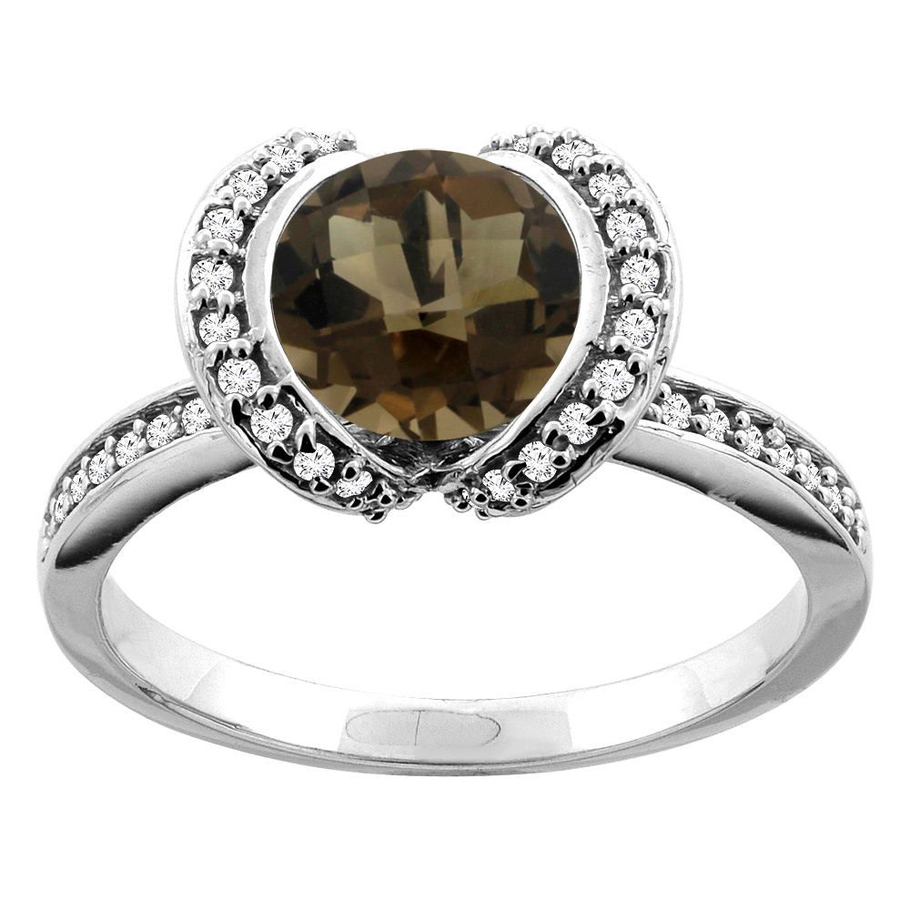 10K White/Yellow Gold Natural Smoky Topaz Ring Round 7mm Diamond Accent, sizes 5 - 10