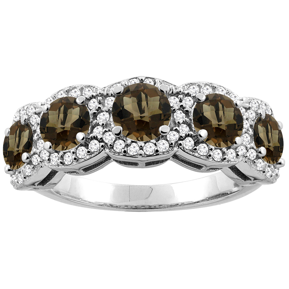 14K Gold Natural Smoky Topaz 5-Stone Ring Round 4mm, sizes 5 - 10