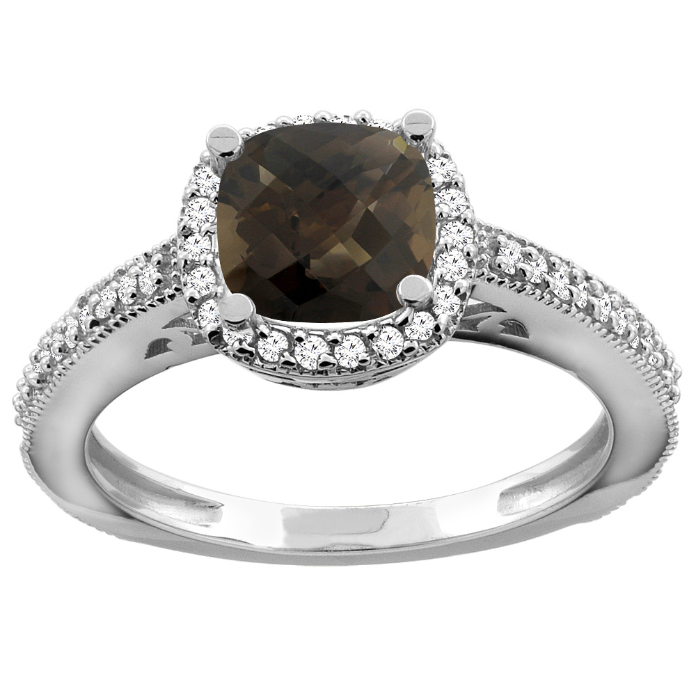 14K Yellow Gold Natural Smoky Topaz Engagement Ring Diamond Halo Cushion 7mm, sizes 5 - 10