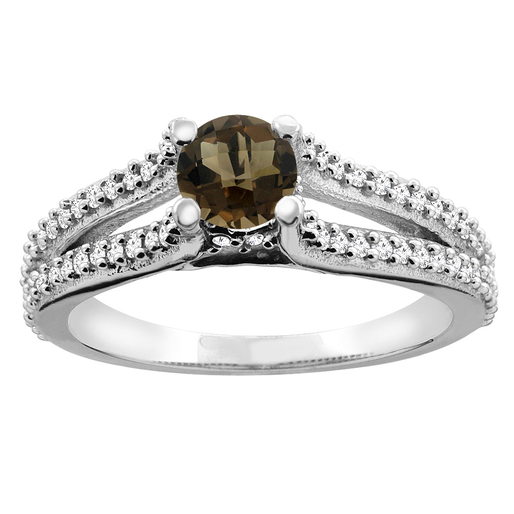 14K White Gold Natural Smoky Topaz Engagement Split Shank Ring Round 5mm Diamond Accents, sizes 5 - 10