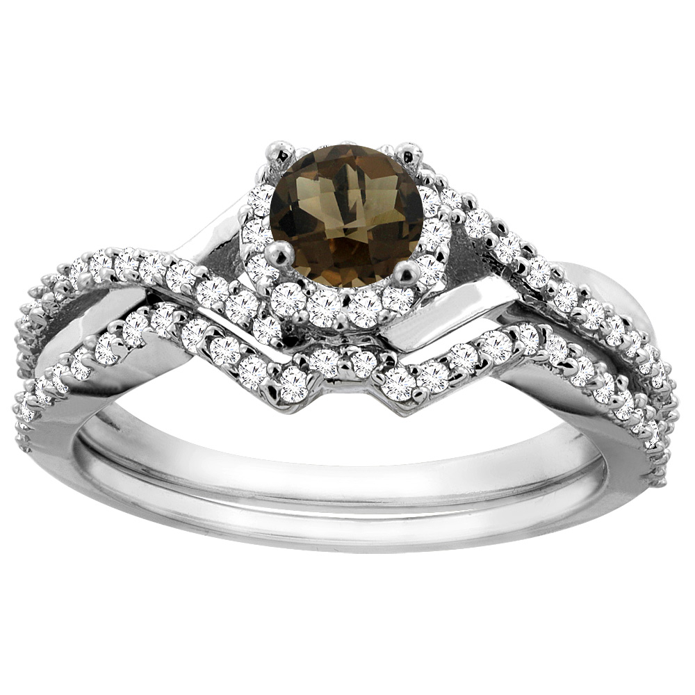 14K Gold Natural Smoky Topaz 2-piece Bridal Ring Set Round 5mm, sizes 5 - 10