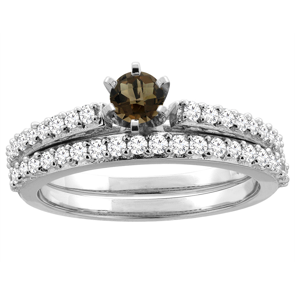 14K Yellow Gold Natural Smoky Topaz 2-piece Bridal Ring Set Round 4mm, sizes 5 - 10