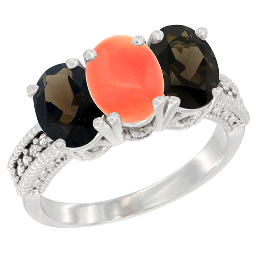 10K White Gold Natural Coral & Smoky Topaz Sides Ring 3-Stone Oval 7x5 mm Diamond Accent, sizes 5 - 10