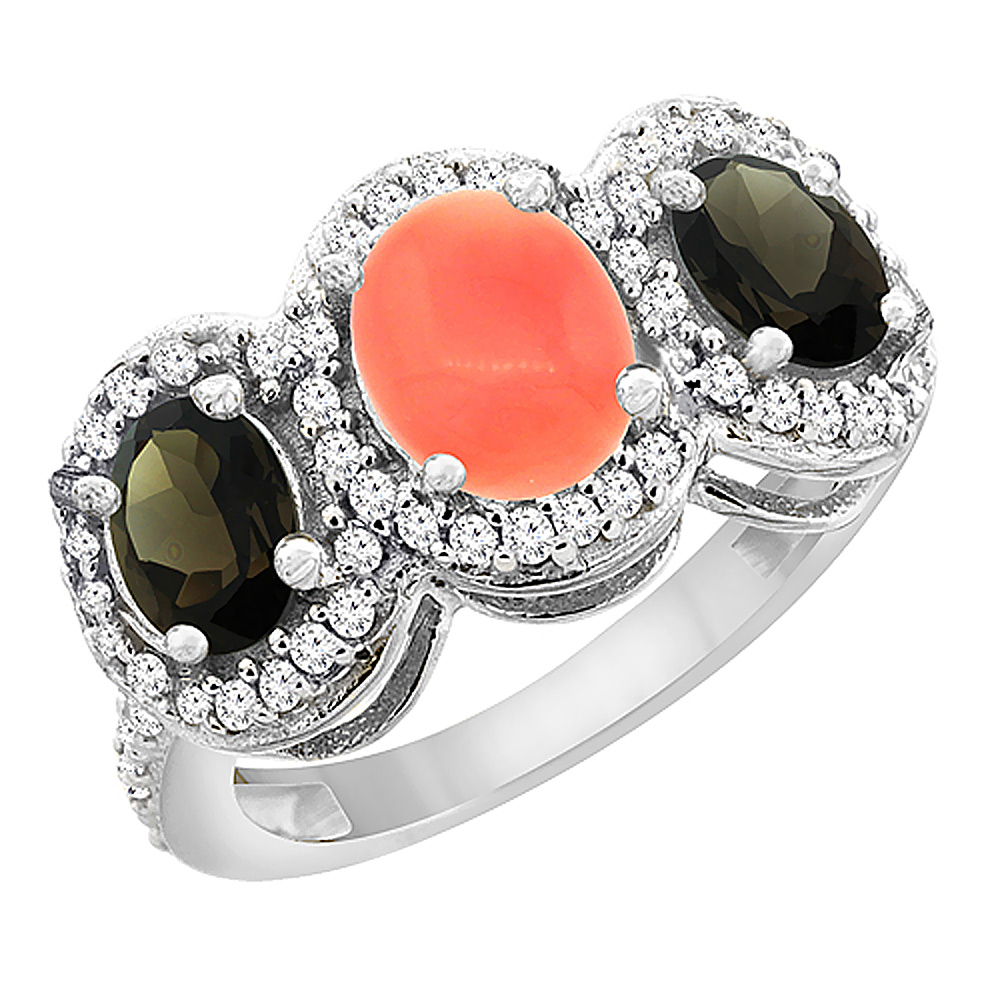 10K White Gold Natural Coral & Smoky Topaz 3-Stone Ring Oval Diamond Accent, sizes 5 - 10