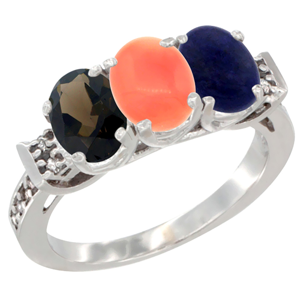 10K White Gold Natural Smoky Topaz, Coral & Lapis Ring 3-Stone Oval 7x5 mm Diamond Accent, sizes 5 - 10