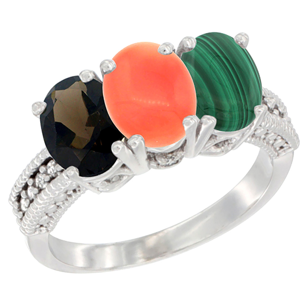 10K White Gold Natural Smoky Topaz, Coral & Malachite Ring 3-Stone Oval 7x5 mm Diamond Accent, sizes 5 - 10