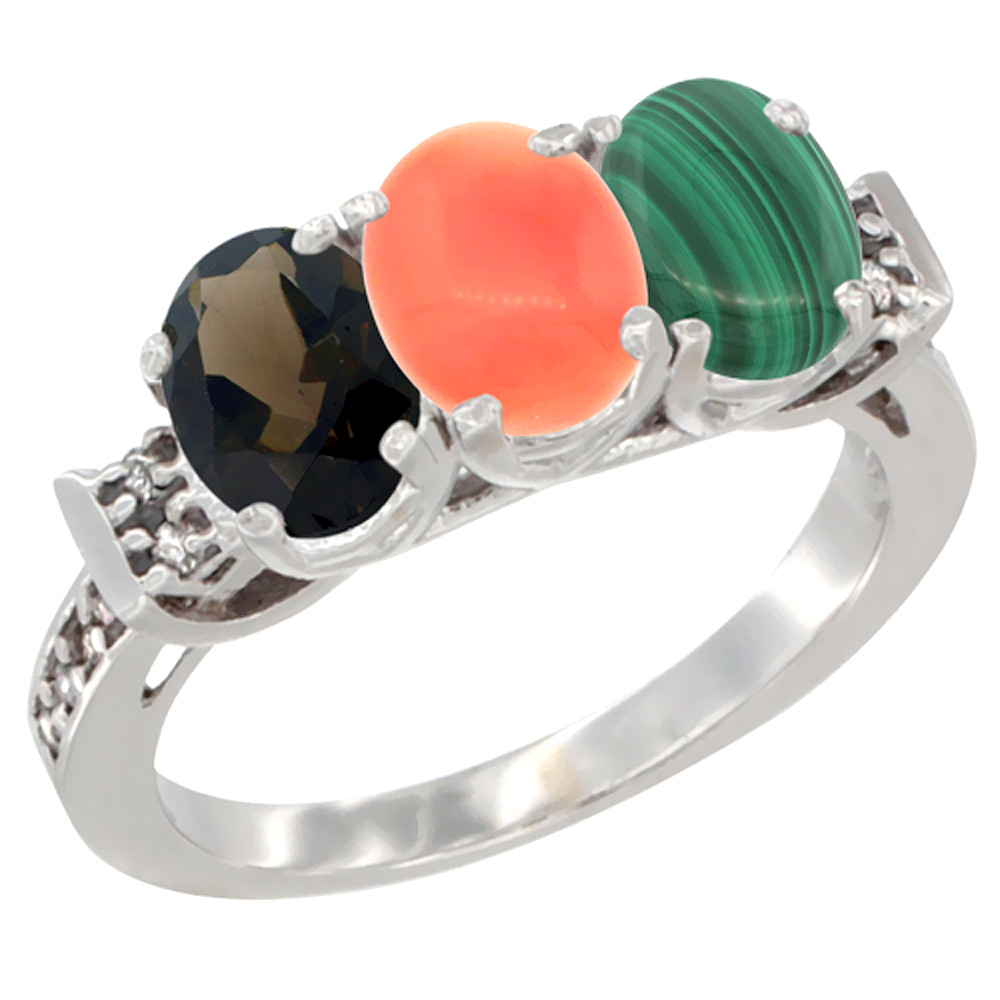 14K White Gold Natural Smoky Topaz, Coral & Malachite Ring 3-Stone Oval 7x5 mm Diamond Accent, sizes 5 - 10