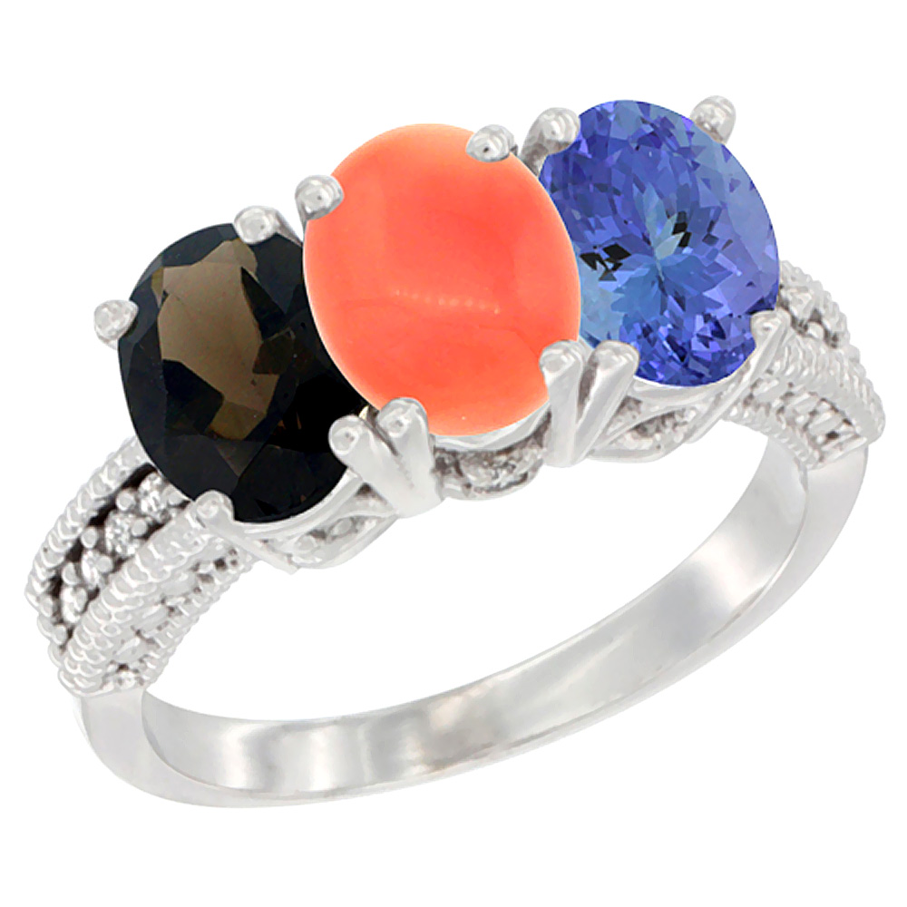14K White Gold Natural Smoky Topaz, Coral &amp; Tanzanite Ring 3-Stone 7x5 mm Oval Diamond Accent, sizes 5 - 10