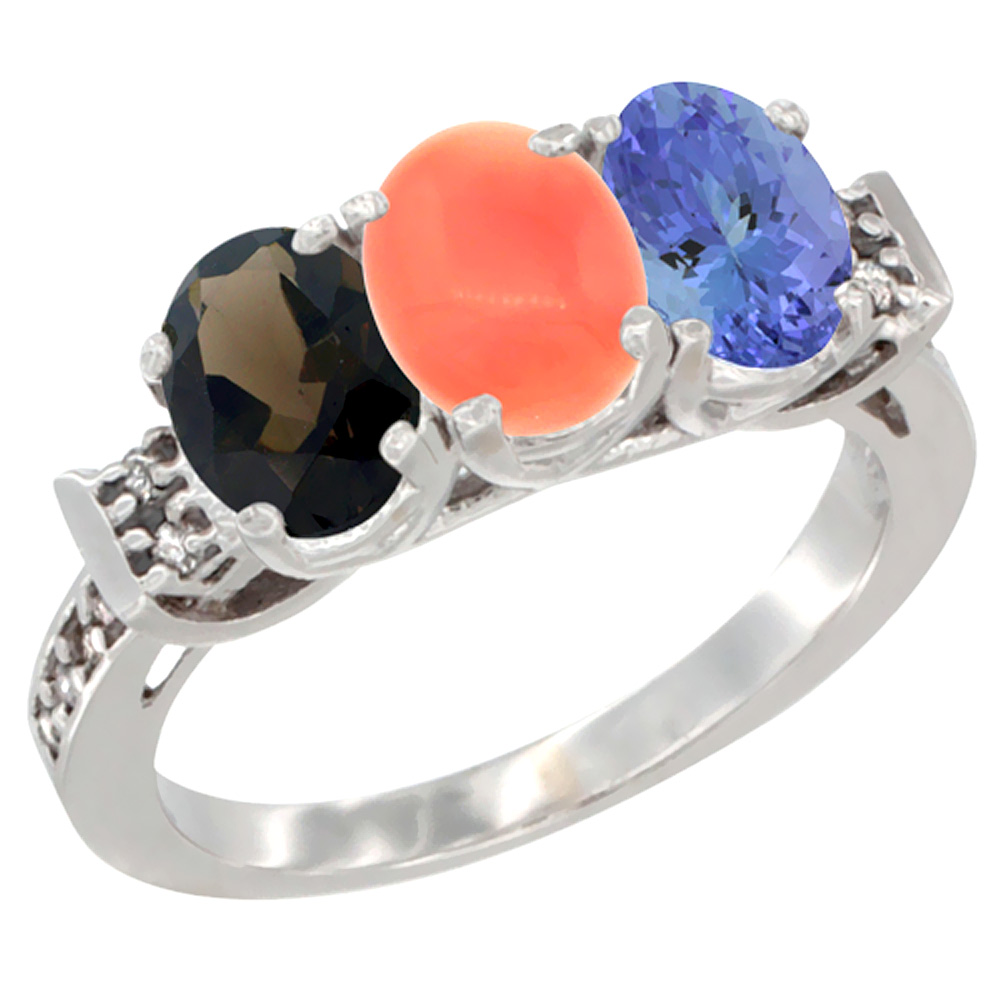 10K White Gold Natural Smoky Topaz, Coral &amp; Tanzanite Ring 3-Stone Oval 7x5 mm Diamond Accent, sizes 5 - 10