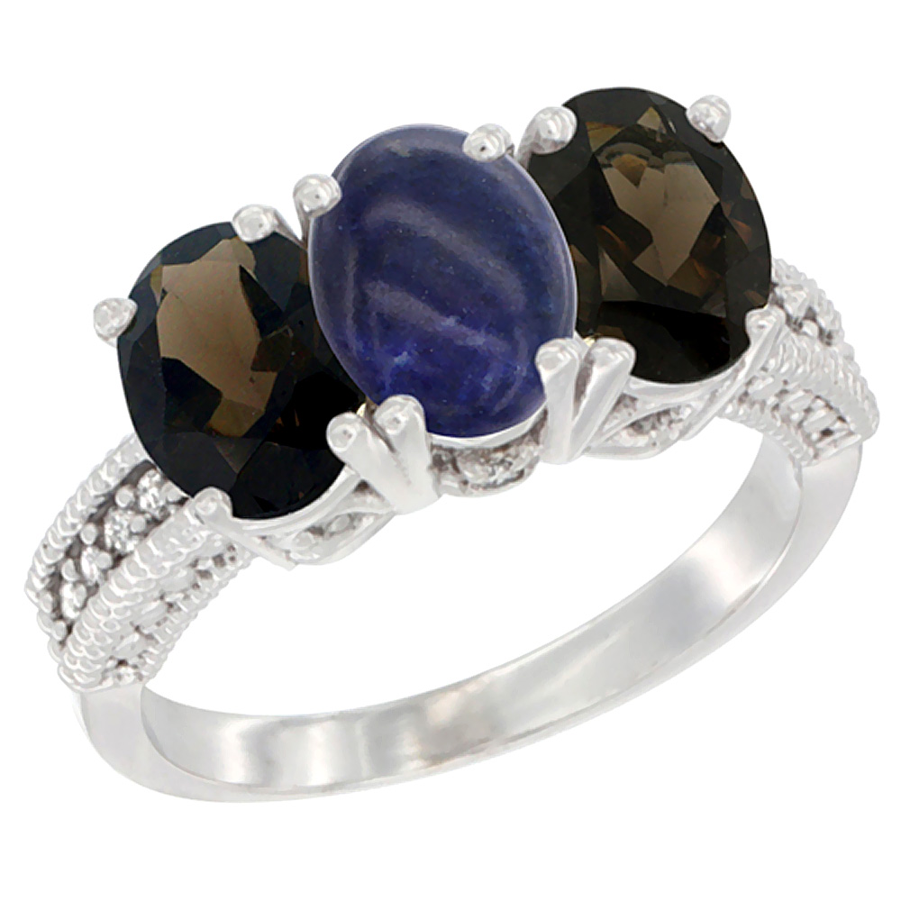 10K White Gold Natural Lapis &amp; Smoky Topaz Sides Ring 3-Stone Oval 7x5 mm Diamond Accent, sizes 5 - 10