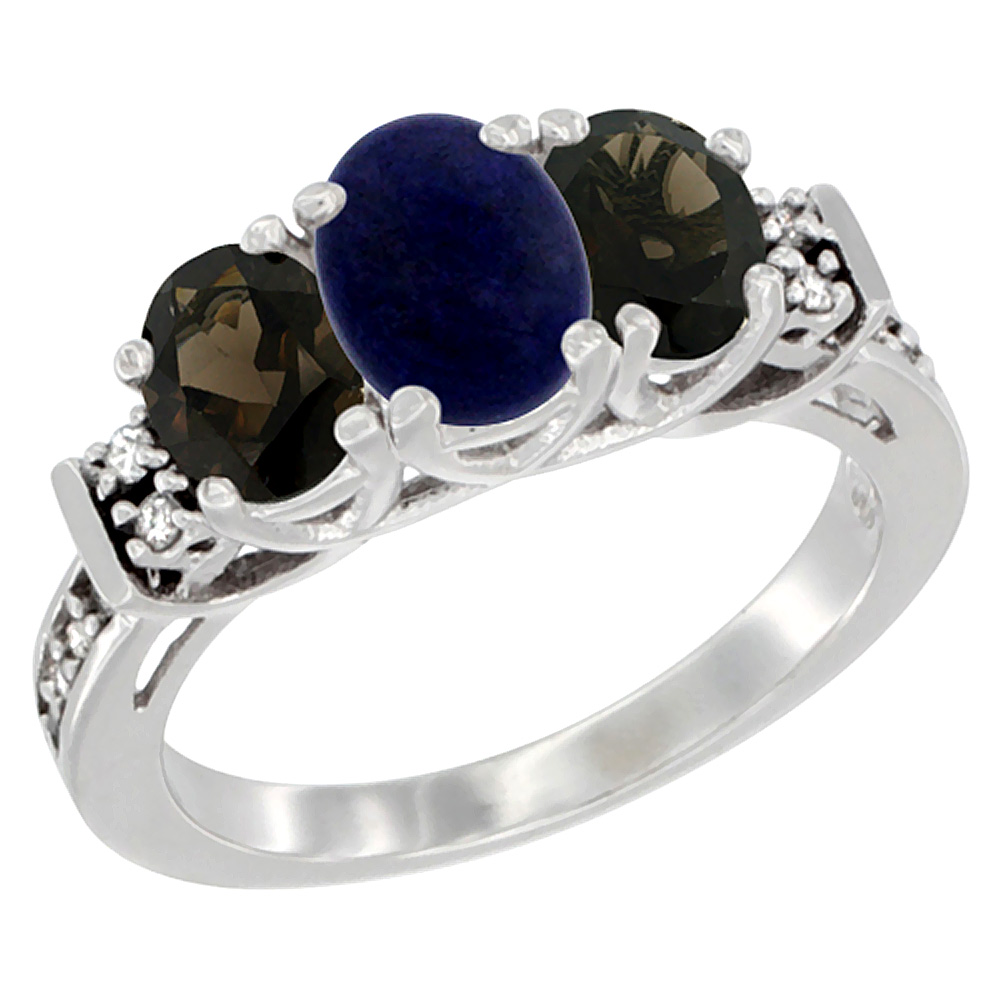 14K White Gold Natural Lapis & Smoky Topaz Ring 3-Stone Oval Diamond Accent, sizes 5-10