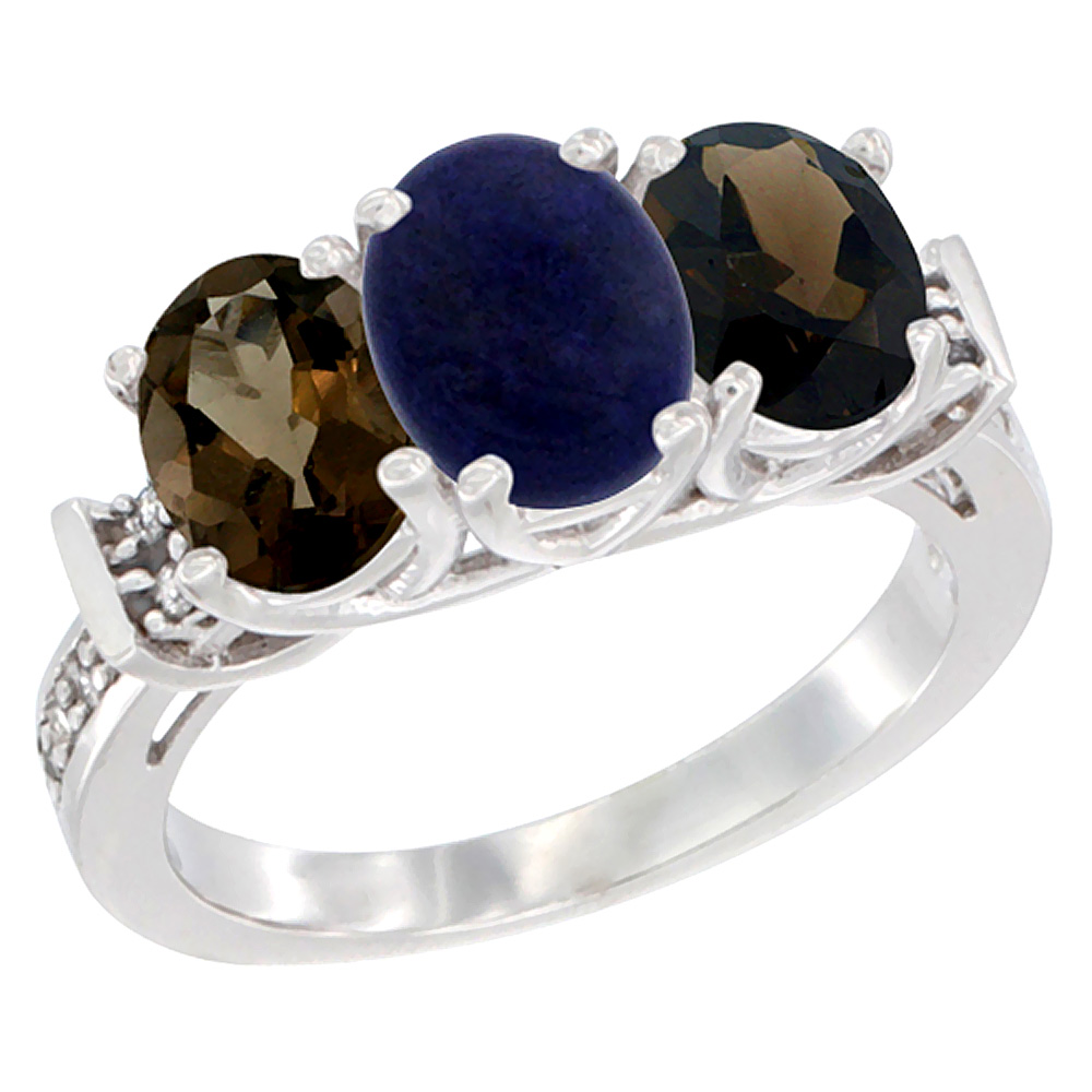 14K White Gold Natural Lapis & Smoky Topaz Sides Ring 3-Stone Oval Diamond Accent, sizes 5 - 10