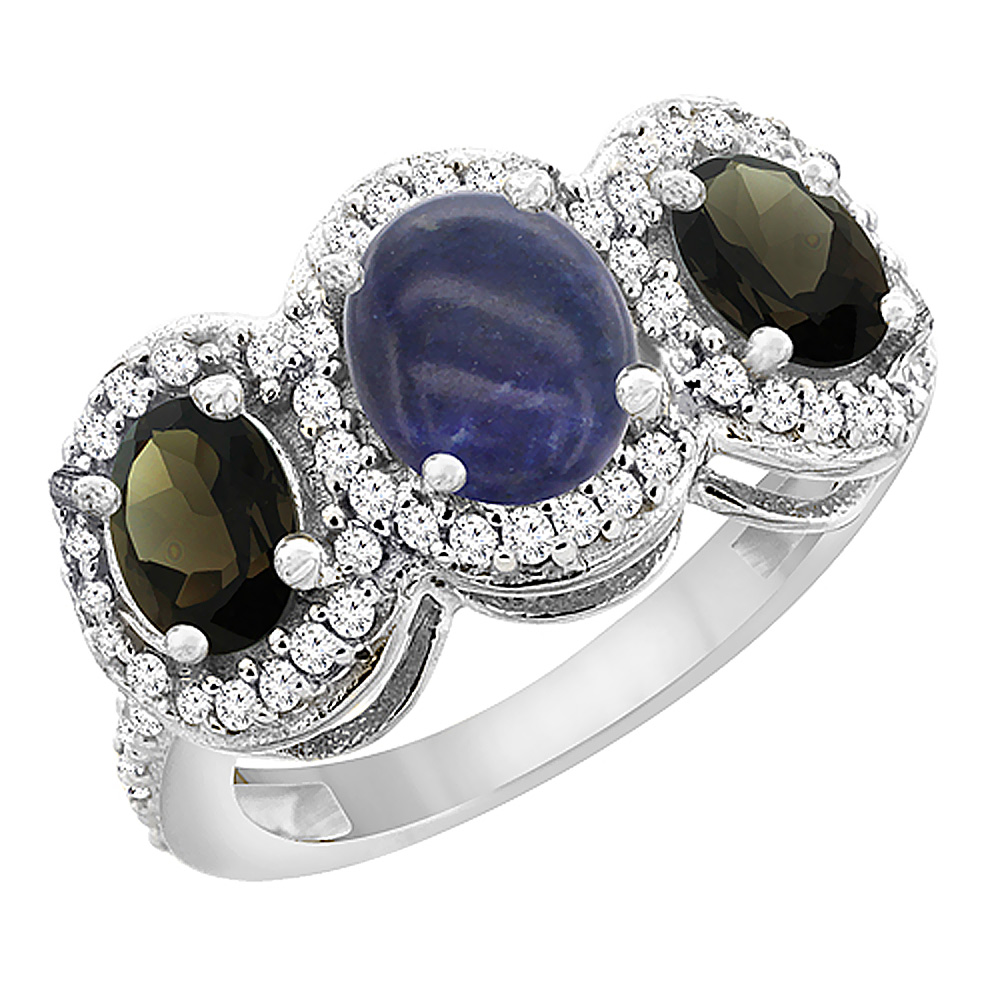 14K White Gold Natural Lapis & Smoky Topaz 3-Stone Ring Oval Diamond Accent, sizes 5 - 10